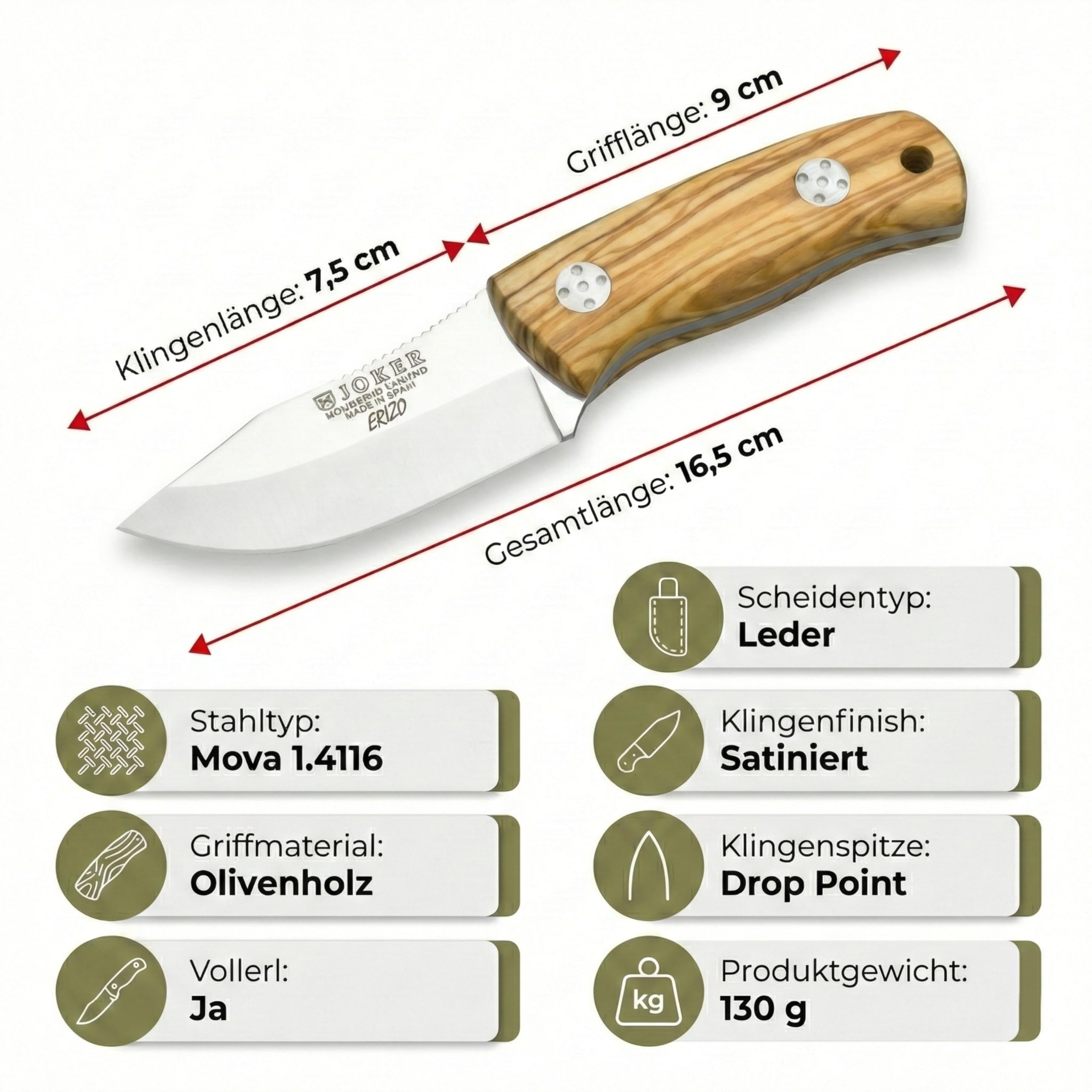 Joker Erizo CO75 Gürtelmesser Olive 7,5 cm Clip Point