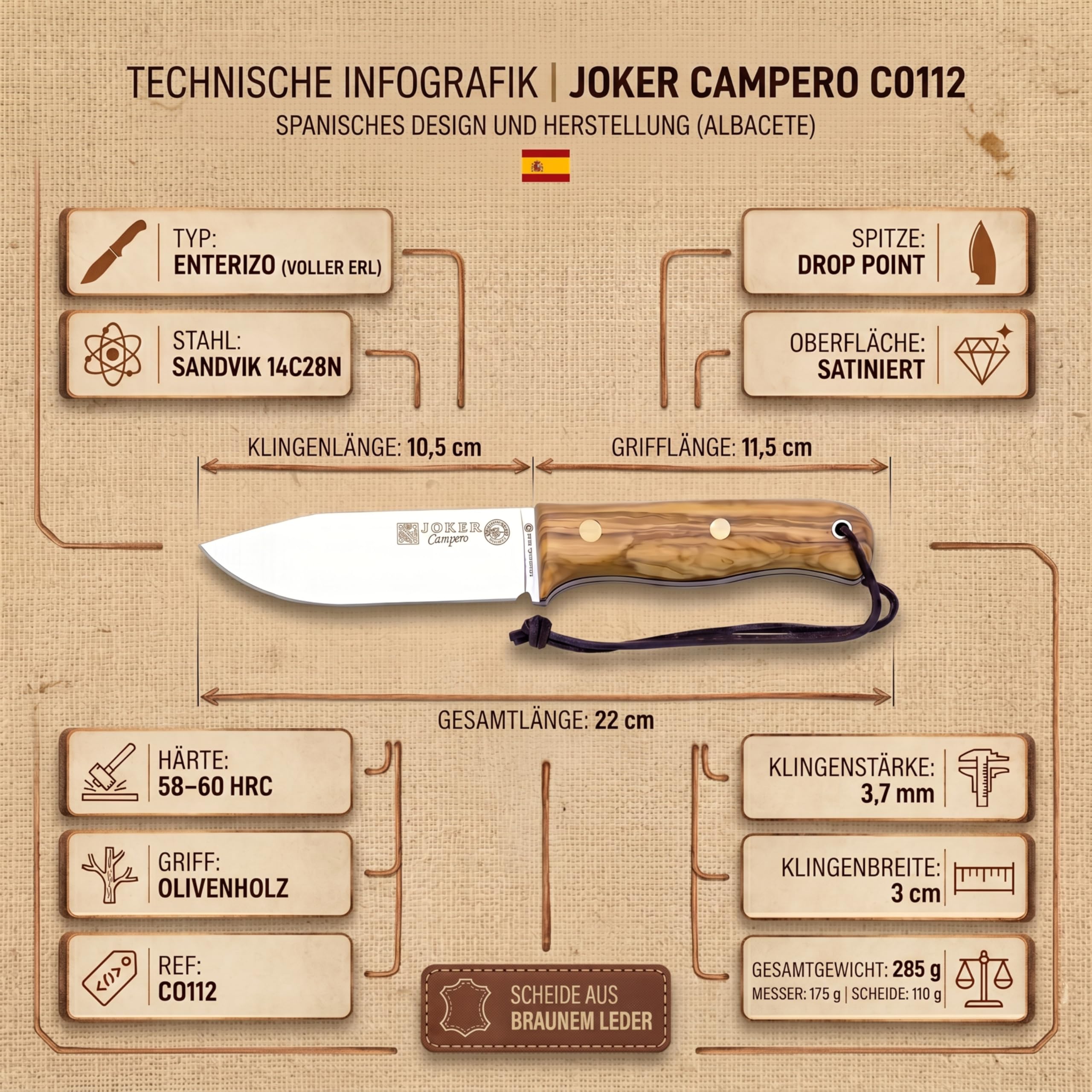 Joker Campero CO112 Bushcraftmesser Olivenholz 10,5cm