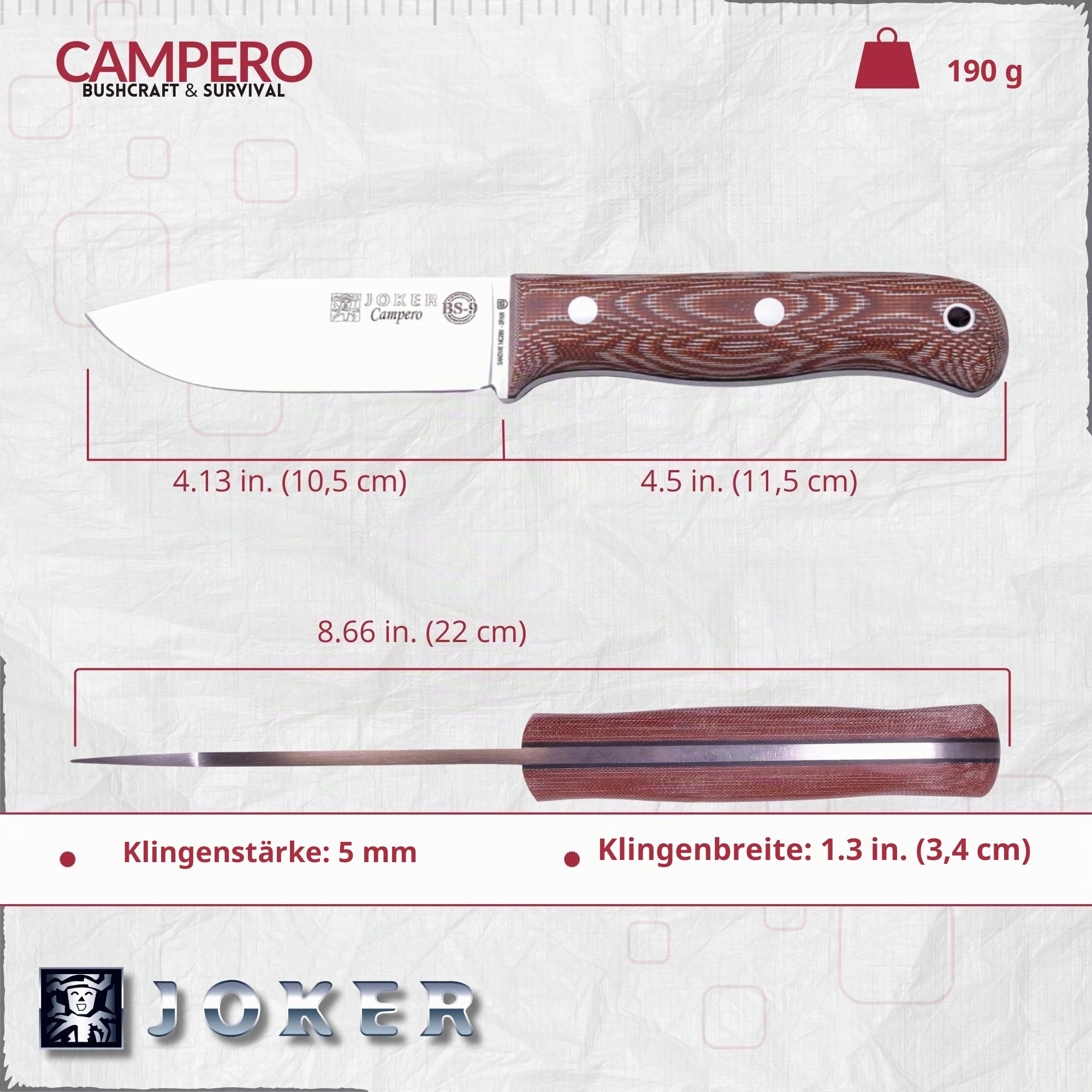 Joker BS9 Campero CM112-P Survivalmesser Micarta 10,5 cm Stahl