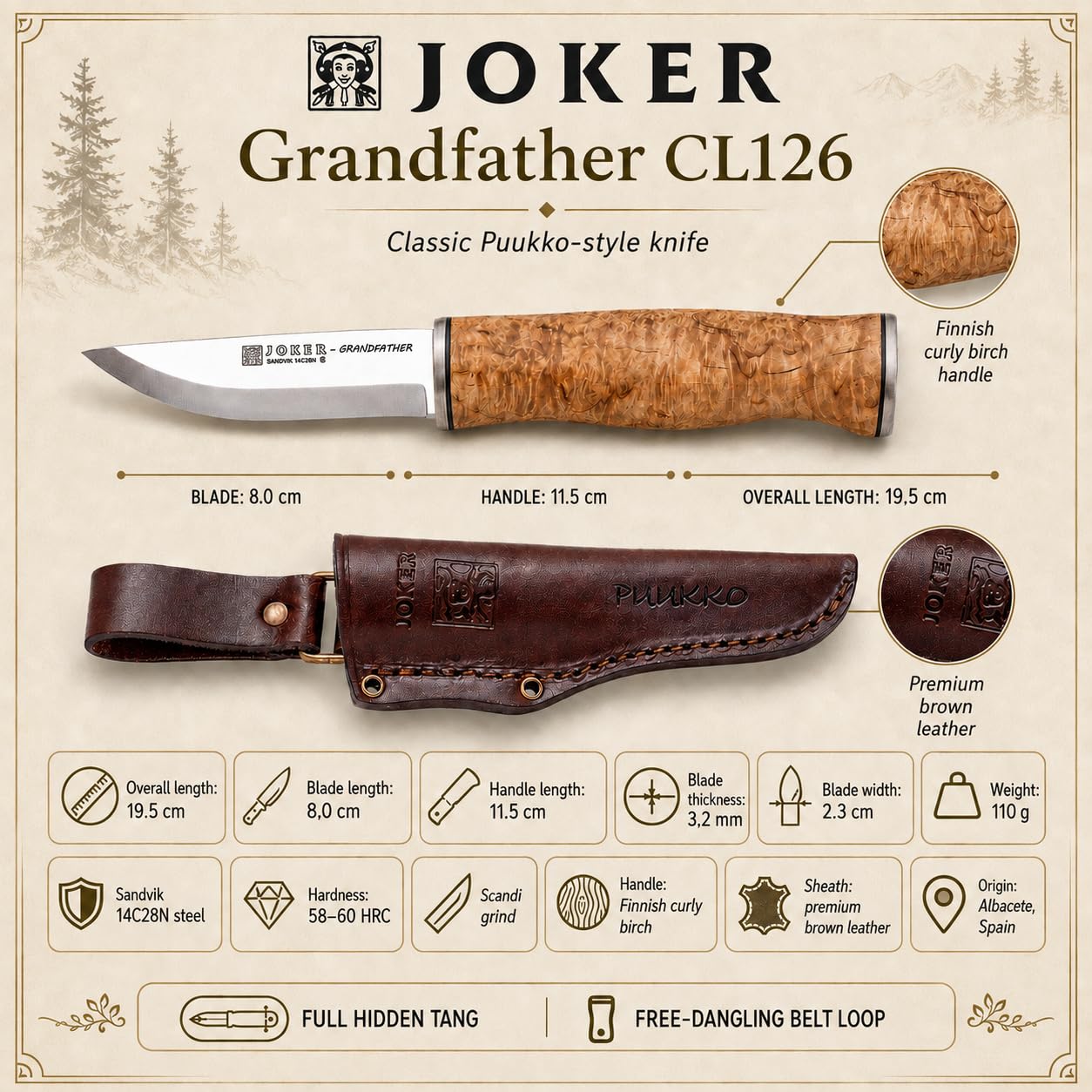 Joker Abuelo CL126 Jagdmesser Birke 8 cm Sandvik