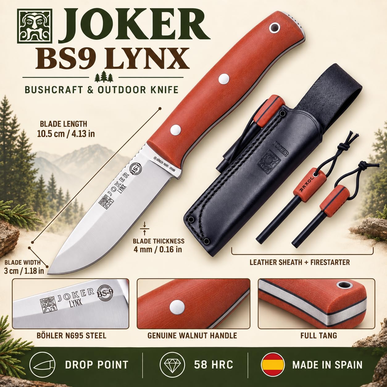 Joker Lynx 111 Bushcraftmesser 10,5 cm Nussbaumholz