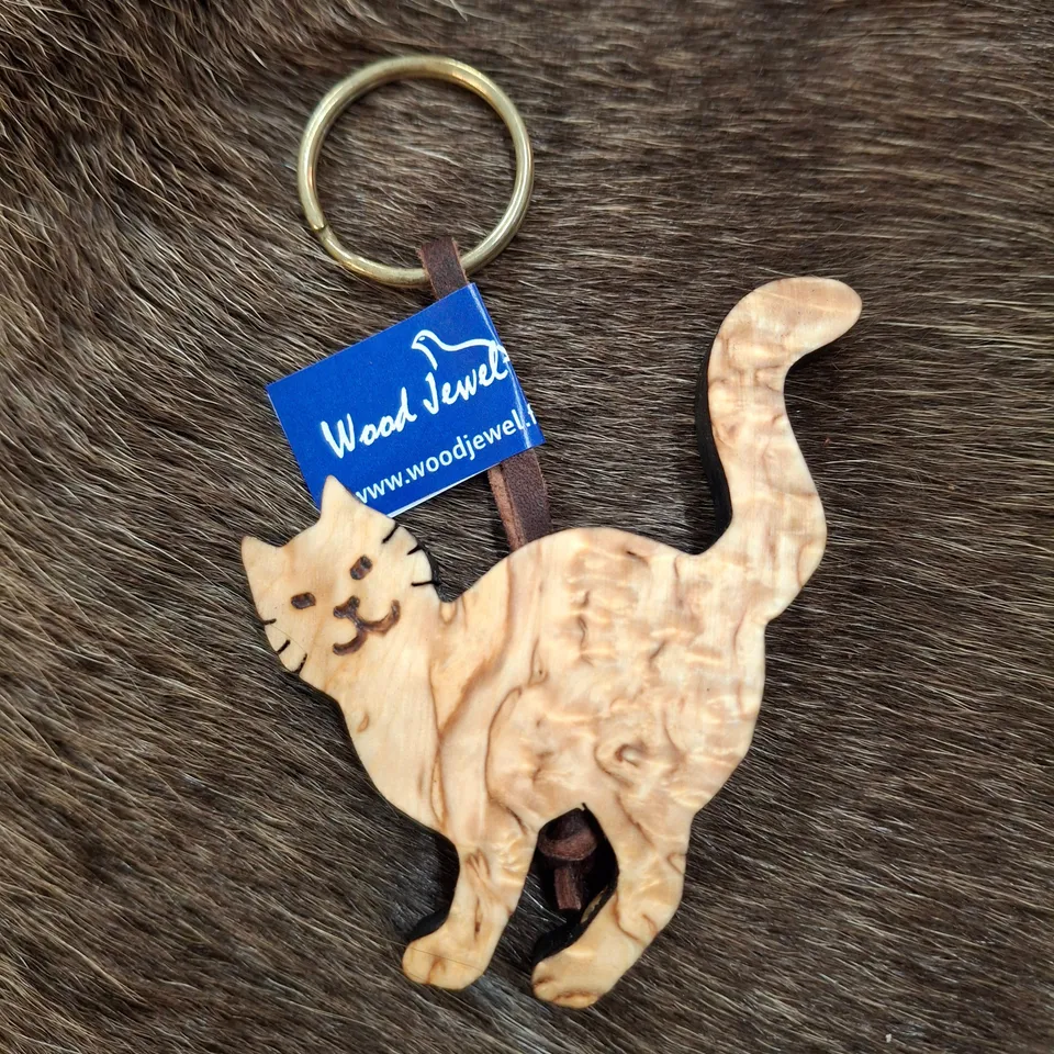 Wood Jewel 334 stehende Katze Schlüsselanhänger Lederband