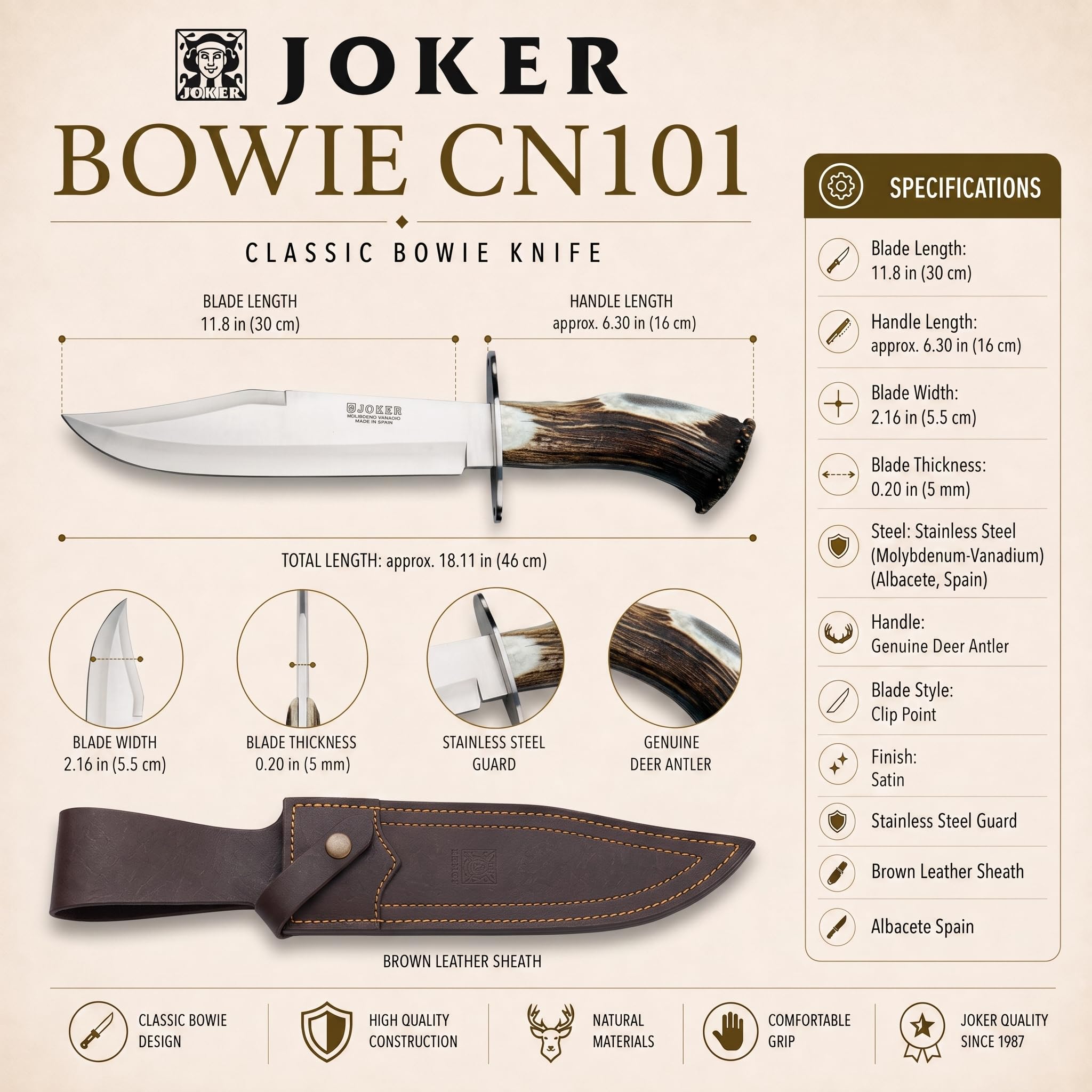 Joker Bowie CN101 Bowiemesser Hirschhorn 25 cm