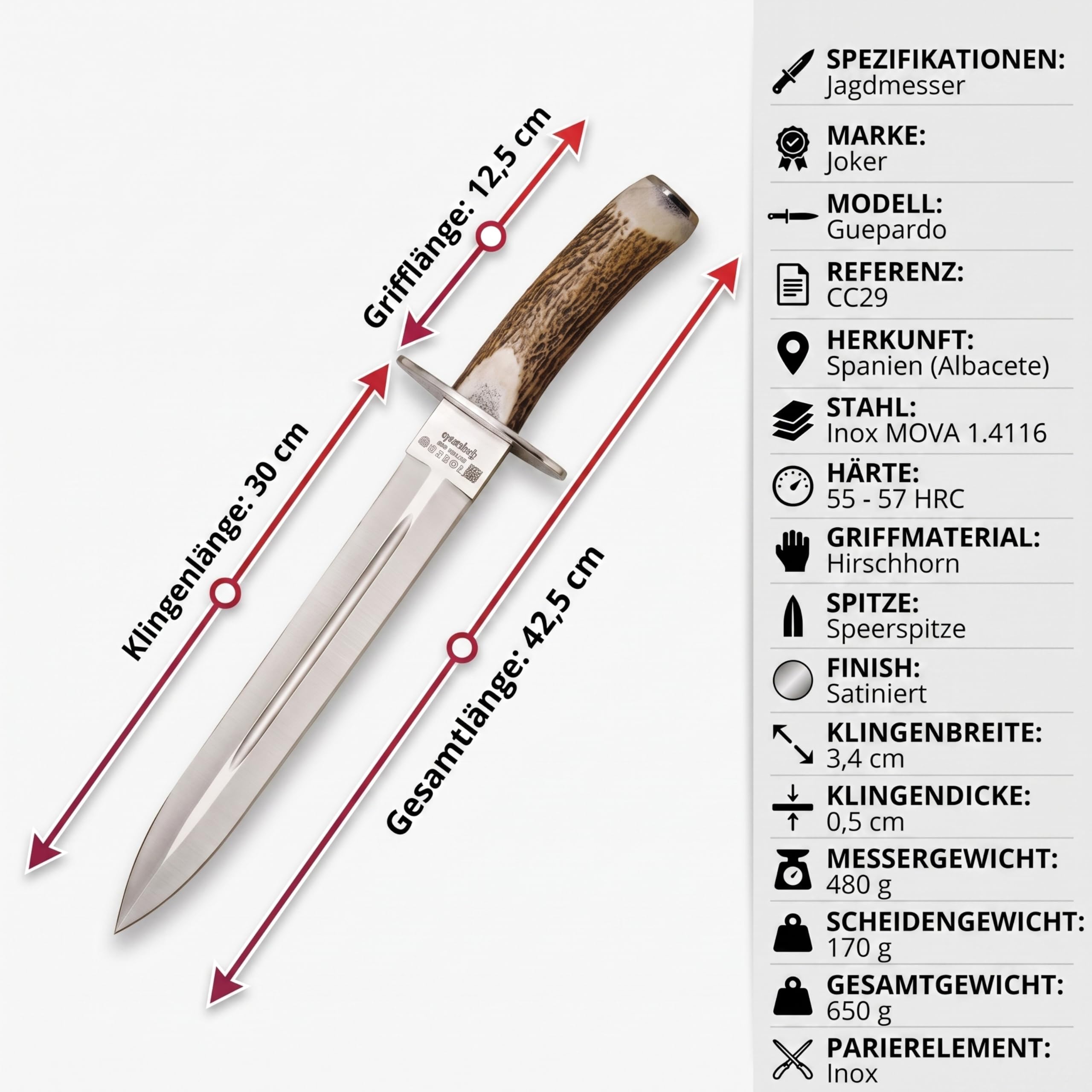 Joker Guepardo CC29 Jagdmesser Hirschhorn 30 cm Lederscheide