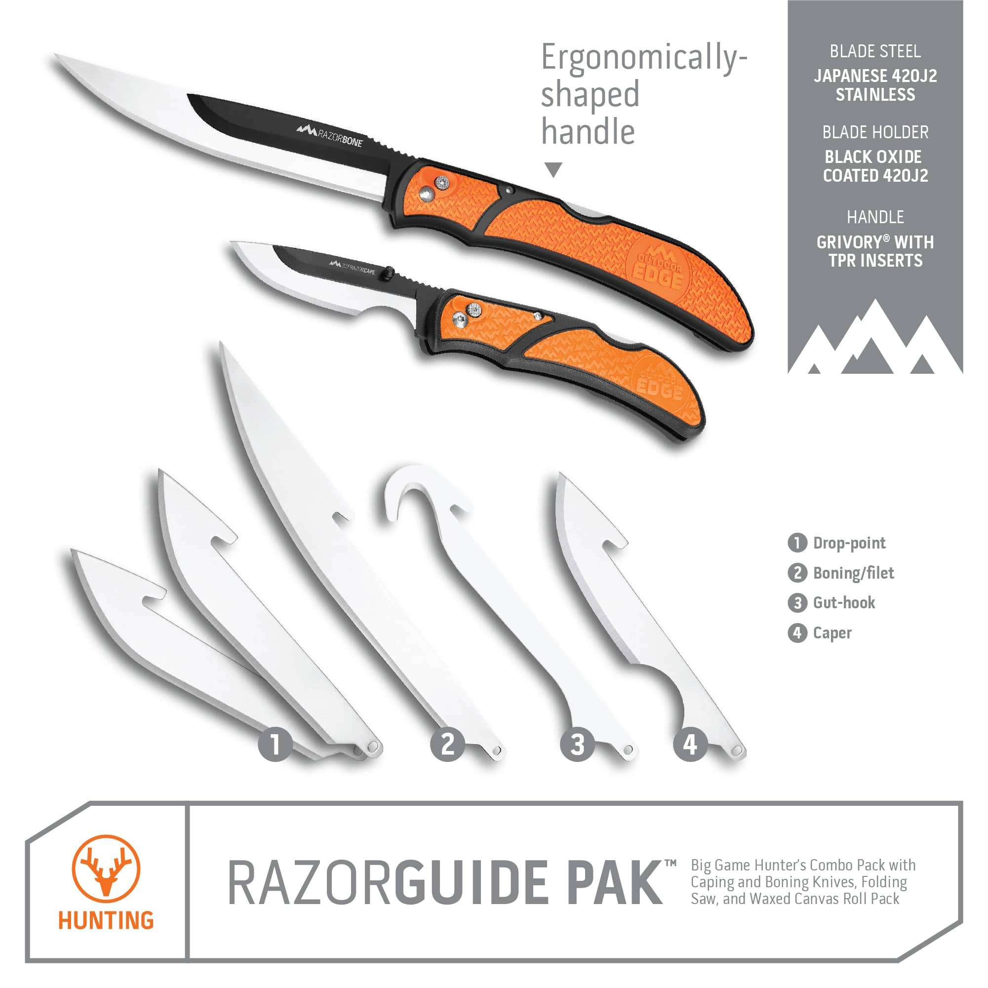Outdoor Edge RazorGuide Pak Aufbrechset Wechselklingen", "meta_title": "Outdoor Edge RazorGuide Pak Aufbrechset Messer Sale", "meta_description": "Outdoor Edge RazorGuide Pak: Aufbrechset mit 2 Wechselklingen-Messern und Säge. Für 67,34 € günstig kaufen.