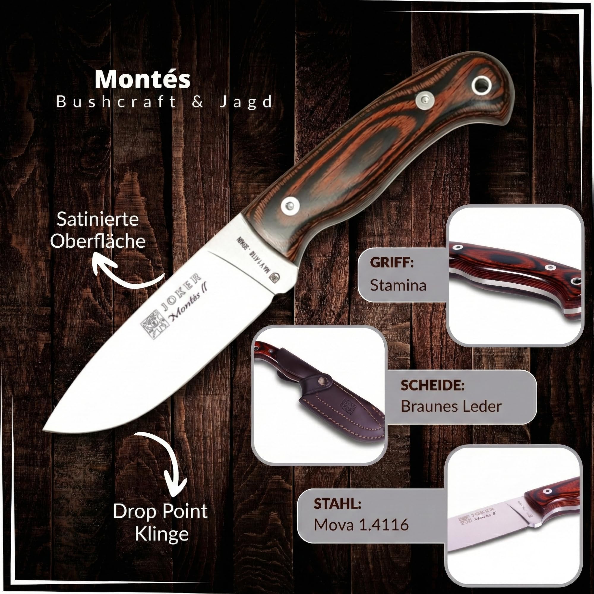 Joker Montés II CR58 Jagdmesser Stamina 11cm Lederscheide