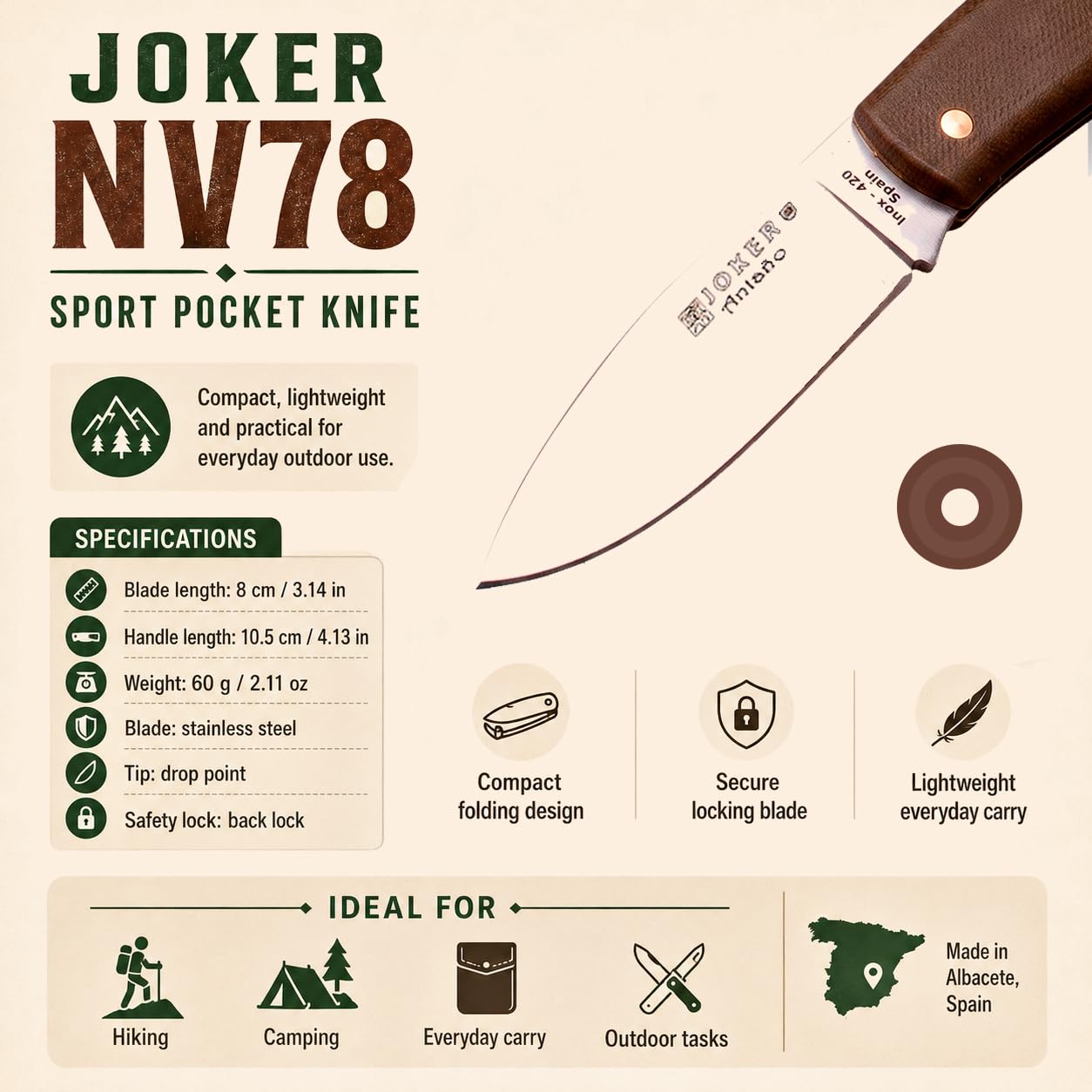 Joker NV78 Taschenmesser Grünfaser 8 cm Edelstahl