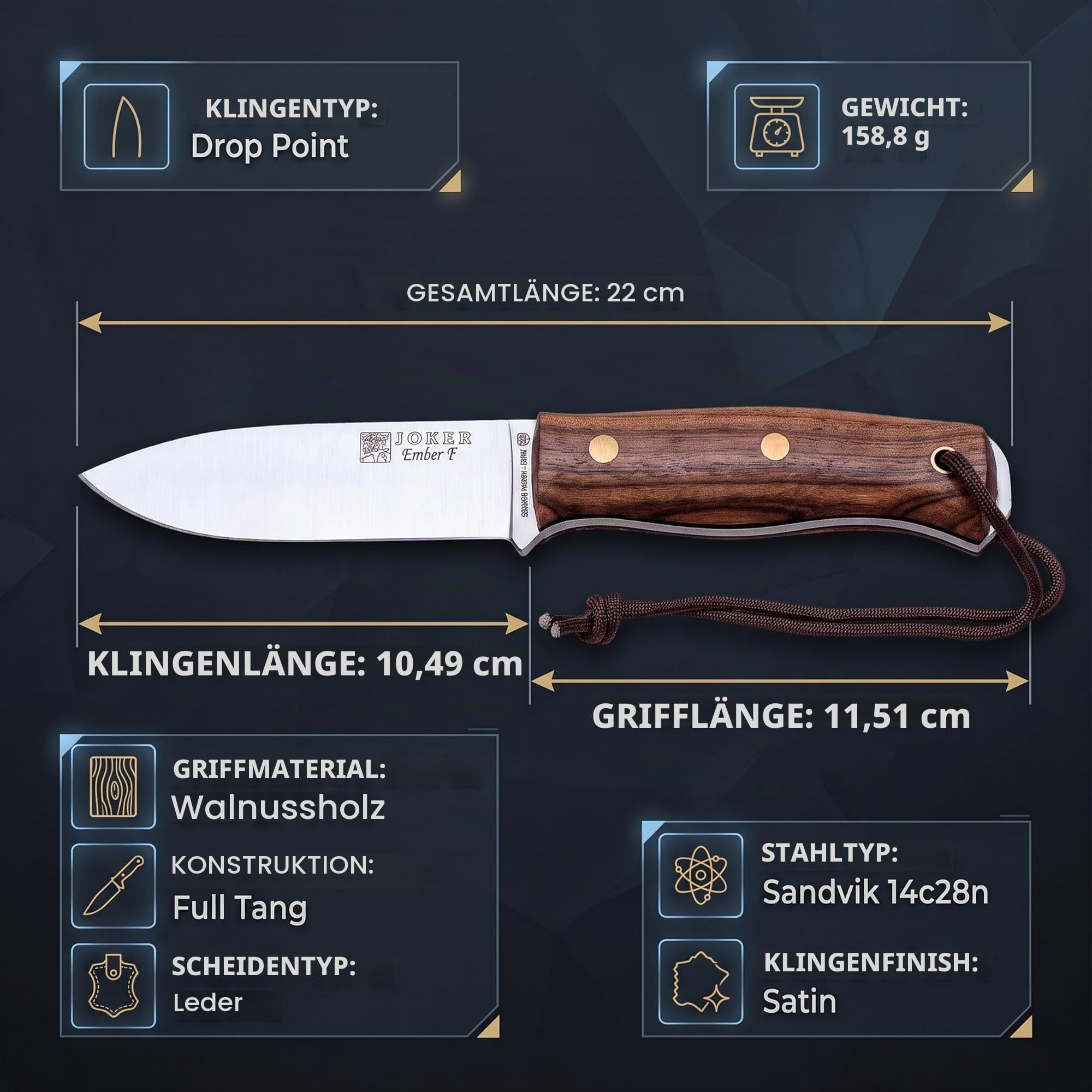 Joker Ember F CN123 Bushcraftmesser Walnuss 10,5 cm robust