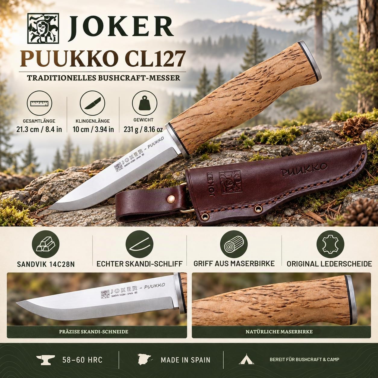 Joker Puukko CL127 Jagdmesser Birke 10 cm