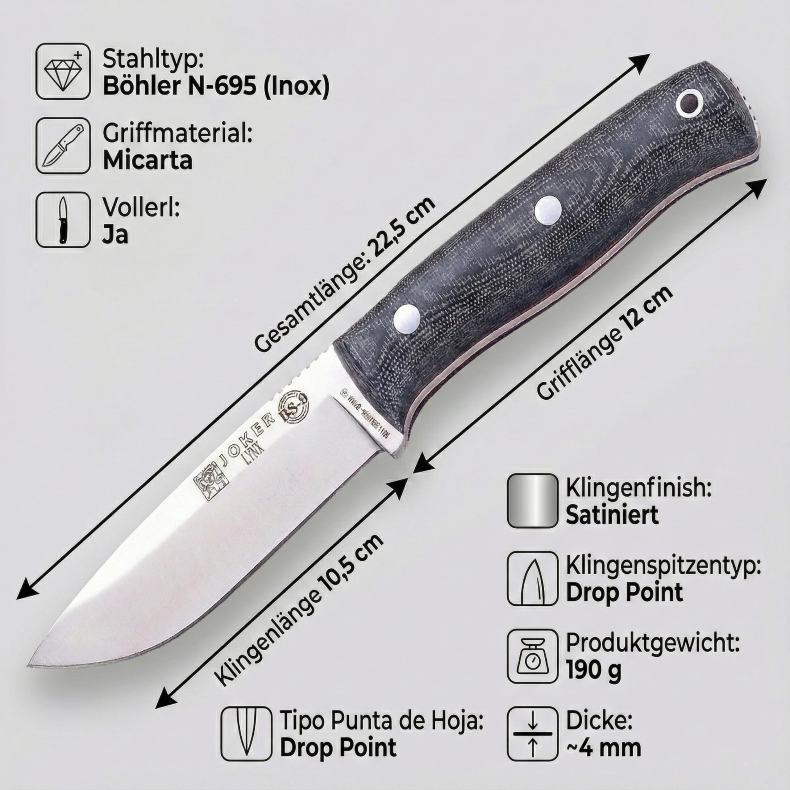Joker Lynx 111 Bushcraftmesser schwarz Kydex