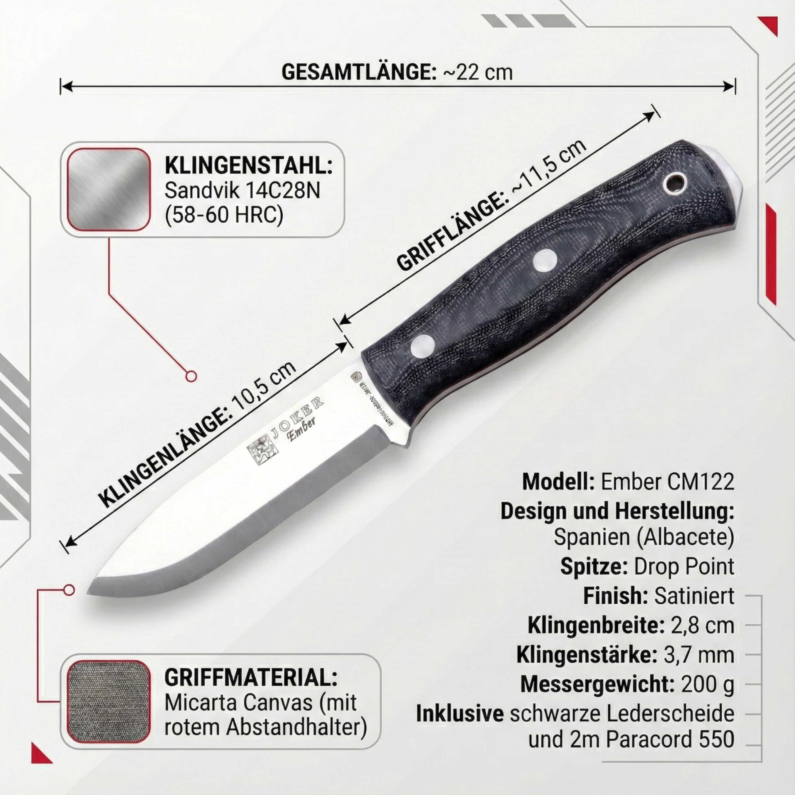 Joker Ember Scandi CM122 Survivalmesser Micarta 10,5 cm