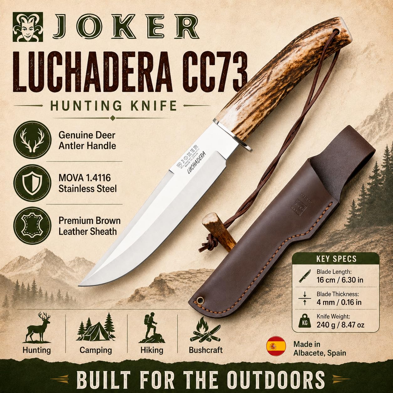 Joker Luchadera CC73 Jagdmesser Hirschhorn 16 cm Mova