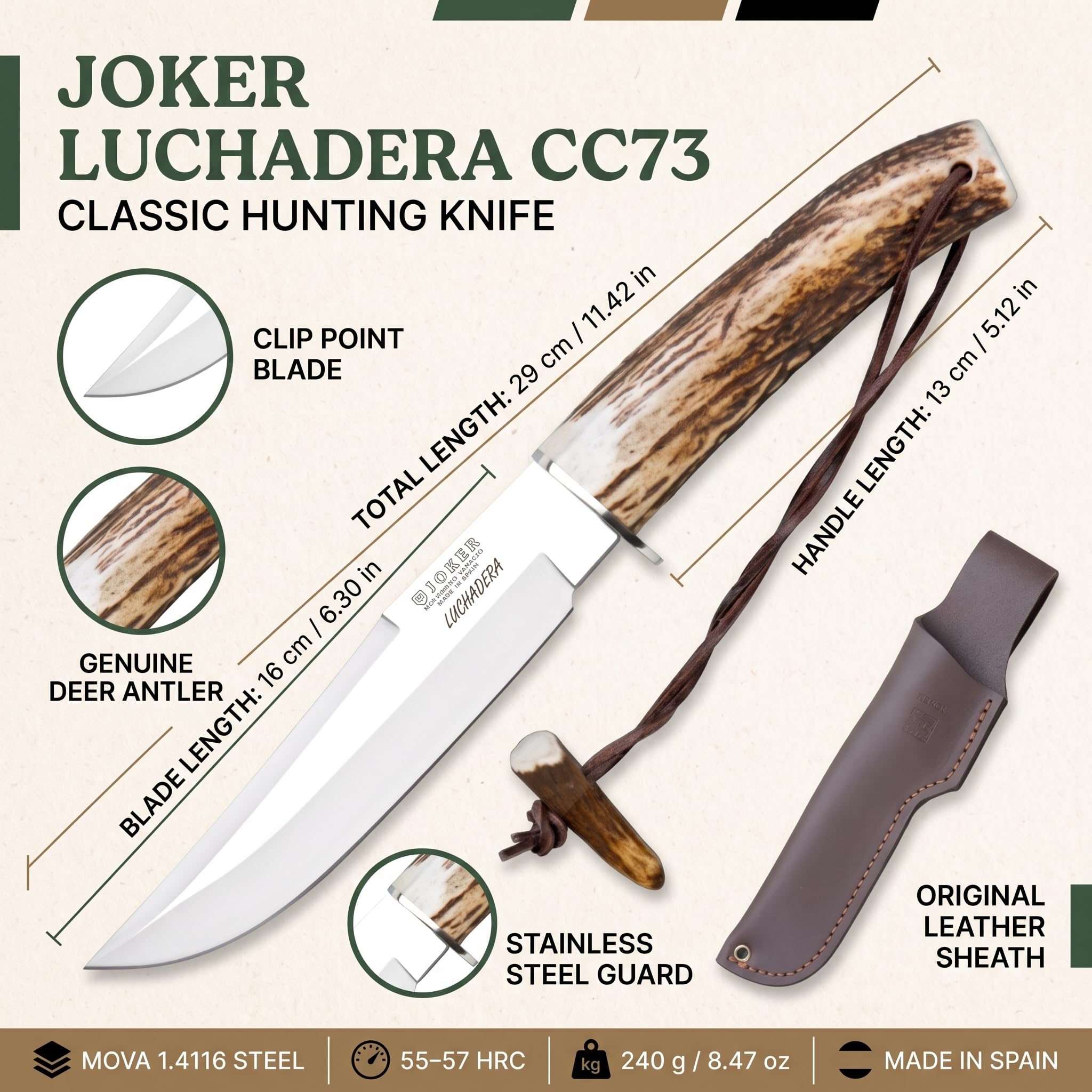 Joker Luchadera CC73 Jagdmesser Hirschhorn 16 cm Mova